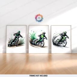 Speedway Posters - Set Of 3 Prints - Motorcycle Print Motocross Wall Art Motor Bike Artwork Boys Room Decor Green Dirt - thumbnail 1