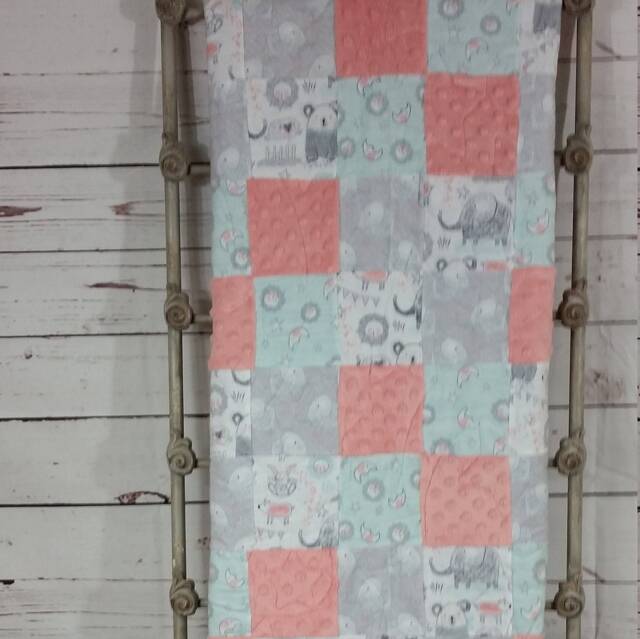 Patchwork Baby Quilt Soft Blanket Handmade Shower Gift Nursery Play Mat Celestial Moon Stars Elephant, Bear, Bunny - image 1