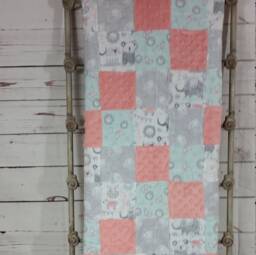 Patchwork Baby Quilt Soft Blanket Handmade Shower Gift Nursery Play Mat Celestial Moon Stars Elephant, Bear, Bunny - thumbnail 1