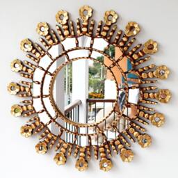 Peruvian Blooming Rose Mirror 50 cm Handmade Wall Decor - Carved Wood Round Floral Statement For Living Room Bathroom - thumbnail 1