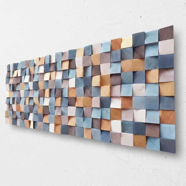 Blue & Gold Wood Wall Art Rustic Geometric Sculpture Modern Living Rooms - image 1