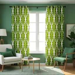 Green Leaf Curtains Modern Botanical Pattern, Retro Style Drapes, Custom Made Eyelet Or Rod Pocket Panels