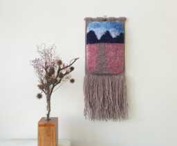 Small Hand Woven Wall Hanging. Fluffy, Beige Vertical Abstract Landscape Art. Nature Inspired, Unique Decoration For Small Rooms - thumbnail 1
