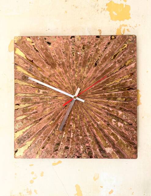 Solid Brass Wall Clock - Pink Patina Starburst Art Nouveau Aged Square - image 1