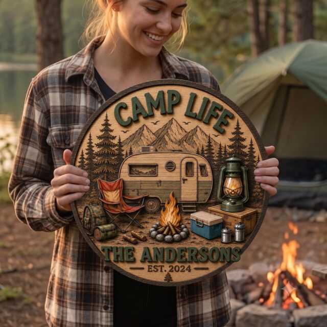 Personalized Family Name Camp Sign For Campsite, Custom Wooden Door Sign, Campfire Wall Decor, Plaque Gift - image 1
