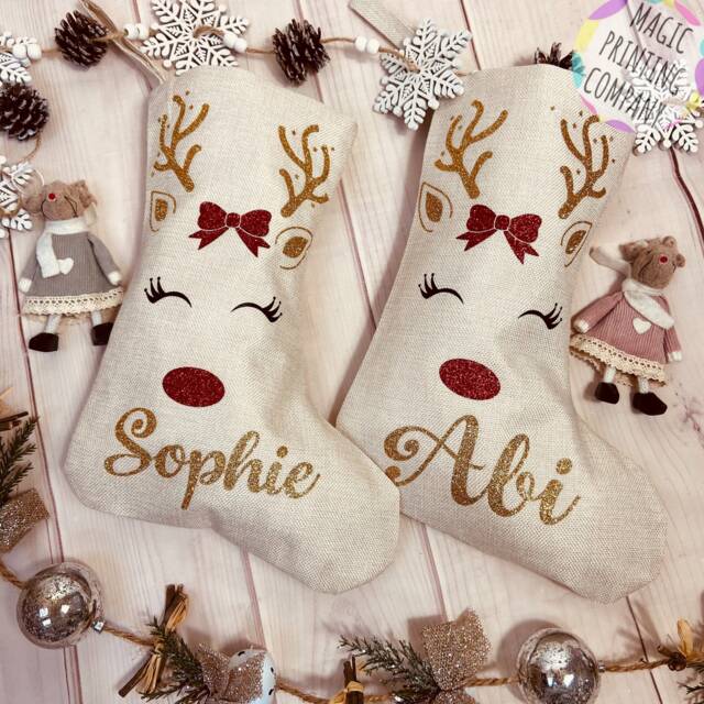 Personalised Christmas Stocking Any Name Reindeer Rudolf Xmas Gift Bag Present Baby Deer Girls Decoration Tree Linen Glitter 1St - image 1