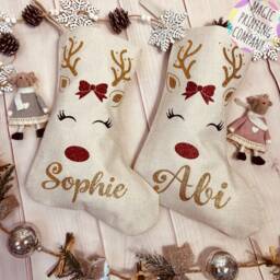Personalised Christmas Stocking Any Name Reindeer Rudolf Xmas Gift Bag Present Baby Deer Girls Decoration Tree Linen Glitter 1St - thumbnail 1