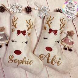 Personalised Christmas Stocking Any Name Reindeer Rudolf Xmas Gift Bag Present Baby Deer Girls Decoration Tree Linen Glitter 1St - thumbnail 2
