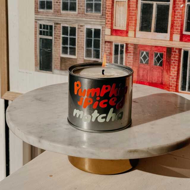 Pumpkin Spiced Matcha Scented Soy Wax Candle - Summerween Hippie Halloween Tin Vessel