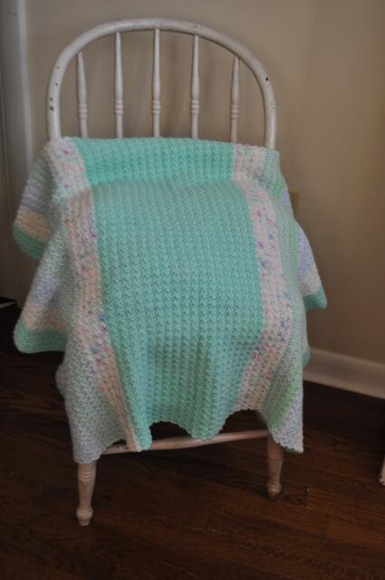 Baby Blanket Crocheted Carriage Green Blue White Striped Acrylic - image 1