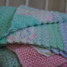 Baby Blanket Crocheted Carriage Green Blue White Striped Acrylic - thumbnail 3
