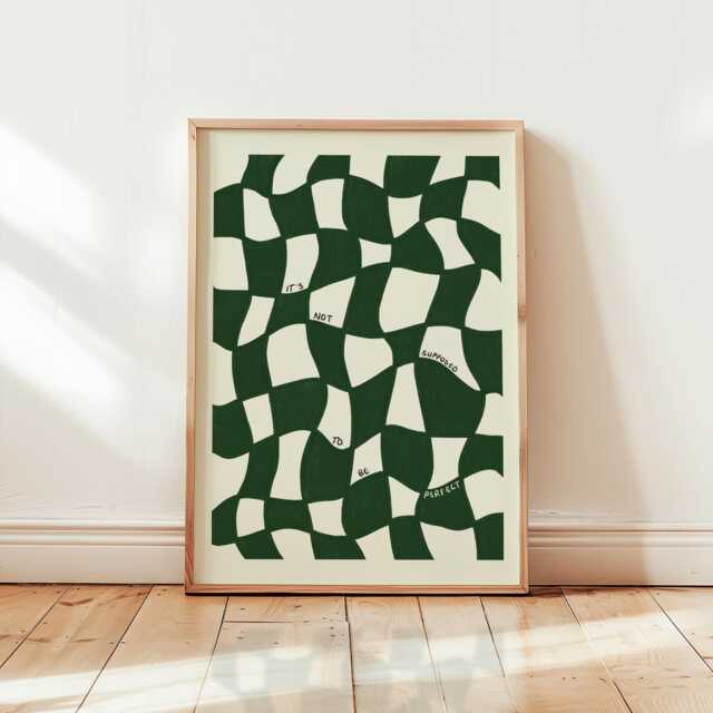 It's Not Supposed To Be Perfect Wall Art Wavy Checkered Green Print, Mid Century Modern Alternative Abstract Artwork, Unframed - image 1