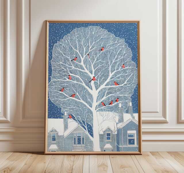 Winter Tree Art Print, Red Birds in Snowy Branches, Peaceful Seasonal Wall Art, Blue & White Scene Illustration For Home Decor - image 1
