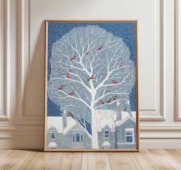 Winter Tree Art Print, Red Birds in Snowy Branches, Peaceful Seasonal Wall Art, Blue & White Scene Illustration For Home Decor - thumbnail 1