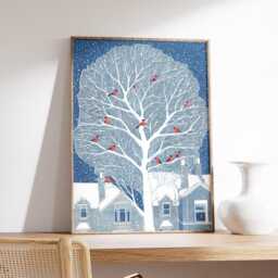 Winter Tree Art Print, Red Birds in Snowy Branches, Peaceful Seasonal Wall Art, Blue & White Scene Illustration For Home Decor - thumbnail 2