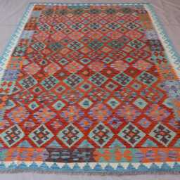 7x10 Afghan Kilim Rug, Modern Geometric Rug, Handmade Wool Area Flatweave Oriental Orange Bedroom Living Room Rug - thumbnail 3