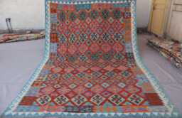 7x10 Afghan Kilim Rug, Modern Geometric Rug, Handmade Wool Area Flatweave Oriental Orange Bedroom Living Room Rug - thumbnail 1
