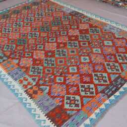 7x10 Afghan Kilim Rug, Modern Geometric Rug, Handmade Wool Area Flatweave Oriental Orange Bedroom Living Room Rug - thumbnail 2