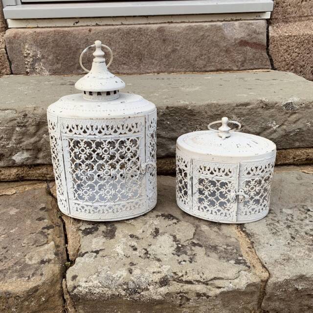 Moroccan Metal Lanterns Distressed White Candle Holders, Indoor Outdoor Decor - image 1