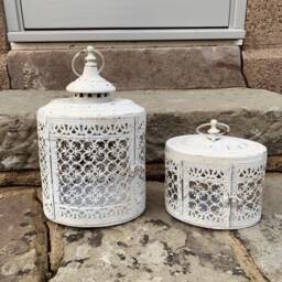 Moroccan Metal Lanterns Distressed White Candle Holders, Indoor Outdoor Decor - thumbnail 2