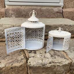 Moroccan Metal Lanterns Distressed White Candle Holders, Indoor Outdoor Decor - thumbnail 3