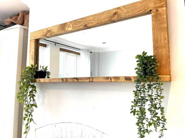 Handmade Waxed Wooden Mirror With Shelf - Rustic Bathroom Hallway Home - image 1
