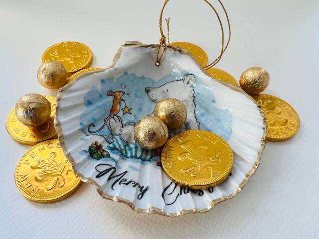 Scallop Shell Christmas Bear Hanging Ornament Gilded With Gold Leaf, Festive Decor, Traditional Bauble - image 1