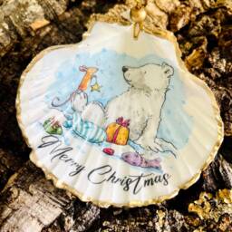 Scallop Shell Christmas Bear Hanging Ornament Gilded With Gold Leaf, Festive Decor, Traditional Bauble - thumbnail 3