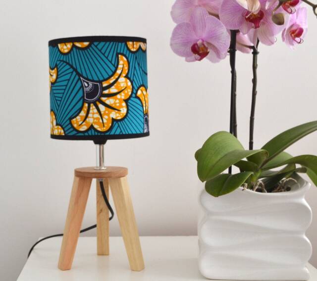 African Wax Fabric Lampshade With Turquoise & Orange Wedding Flower Pattern, Pendant Light, Lighting, Table Lamp - image 1