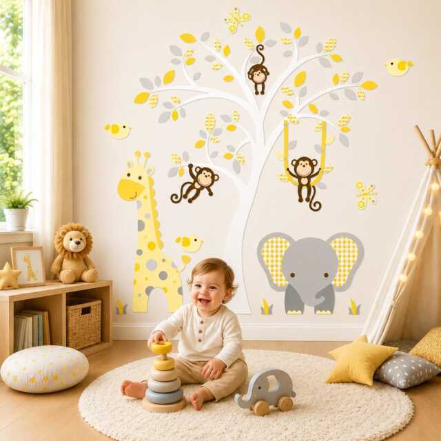 Jungle Animal Nursery Wall Decals Elephant, Giraffe, Monkey Tree Mural - image 1