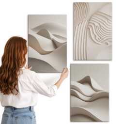 3 Piece Canvas Set - Waves & Structures in Shades Of Beige, Beige Wall Art Canvas, Natural Textures Hanging - thumbnail 3