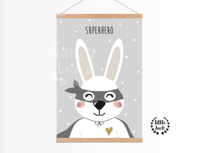 Poster Superhero Rabbit Nursery in A4 Grey Boys Print - image 1