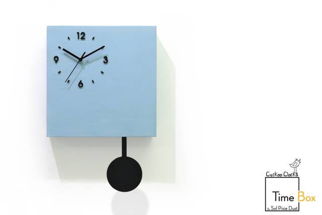 Wooden Time Box Clock With Secret Compartment - Blue Chalk Pendulum Wall Nursery Room Modern Minimalist Home Deco Wedding Gift - image 1