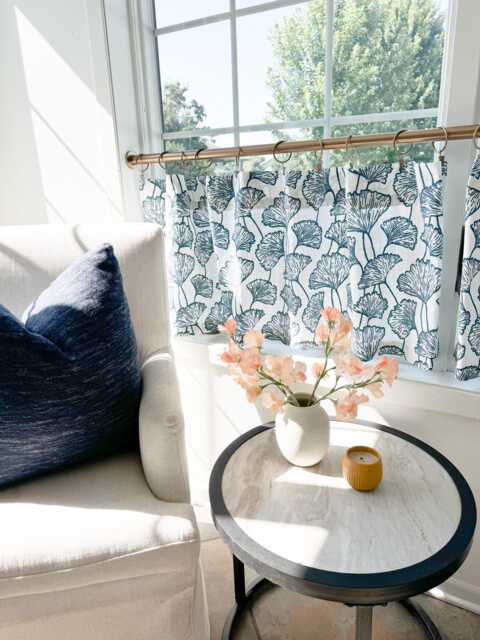 Blue Ginkgo Leaf Cafe Curtains White Cotton Linen Tier Curtains - image 1