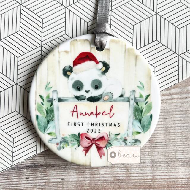 Personalised 1st Christmas Baby Babies Baby's First Panda Signpost Design Acrylic Or Ceramic Round Ornament Keepsake Boy Girl Gift