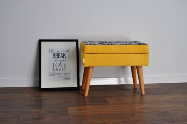 Yellow Checkered Footstool With Buttons, Yellow Pouf Rossi Furnitur - image 1