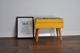 Yellow Checkered Footstool With Buttons, Yellow Pouf Rossi Furnitur