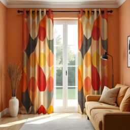 Retro Abstract Circles Curtains, Mid-Century Modern Drapes, Vibrant Red Bold Geometric Window Treatments, Custom Curtain Panels - thumbnail 3