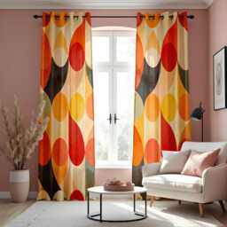 Retro Abstract Circles Curtains, Mid-Century Modern Drapes, Vibrant Red Bold Geometric Window Treatments, Custom Curtain Panels