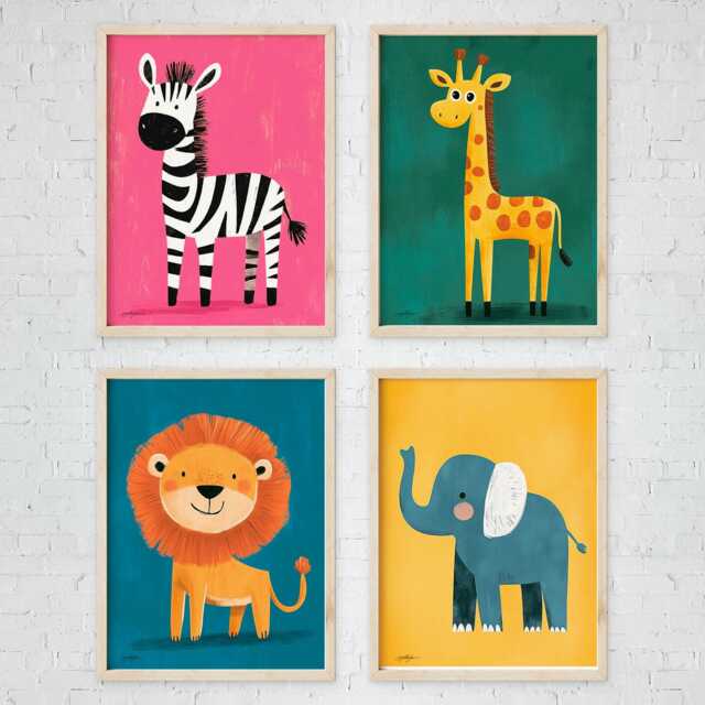 Safari Animal Wall Art Set Of 4 Prints, Lion Elephant Zebra Giraffe Nursery Decor, Jungle Baby Room Art, Neutral Kids - image 1
