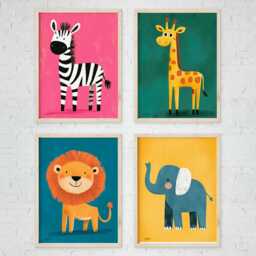 Safari Animal Wall Art Set Of 4 Prints, Lion Elephant Zebra Giraffe Nursery Decor, Jungle Baby Room Art, Neutral Kids - thumbnail 1
