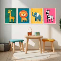 Safari Animal Wall Art Set Of 4 Prints, Lion Elephant Zebra Giraffe Nursery Decor, Jungle Baby Room Art, Neutral Kids - thumbnail 4