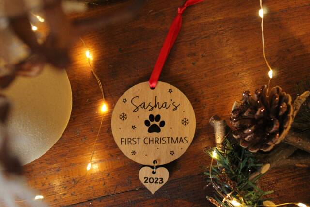 Personalized Pet Bauble Tree Decor, Dog First Christmas, Decoration Gift Paw Christmas Ornaments Wood Ornament Cat - image 1