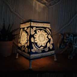 Hand-Painted Floral Leather Lampshade Boho Indian Tribal Art Decor - thumbnail 2