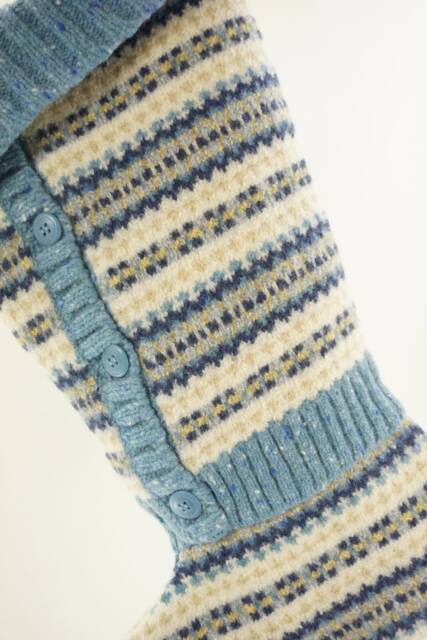 Christmas Stocking Wool Blue Yellow Gray Striped Fair Isle Repurposed Winter Sweater Buttons Recycled Upcycled 485 - image 1