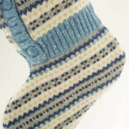 Christmas Stocking Wool Blue Yellow Gray Striped Fair Isle Repurposed Winter Sweater Buttons Recycled Upcycled 485 - thumbnail 4