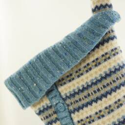 Christmas Stocking Wool Blue Yellow Gray Striped Fair Isle Repurposed Winter Sweater Buttons Recycled Upcycled 485 - thumbnail 2