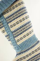 Christmas Stocking Wool Blue Yellow Gray Striped Fair Isle Repurposed Winter Sweater Buttons Recycled Upcycled 485 - thumbnail 1