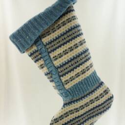 Christmas Stocking Wool Blue Yellow Gray Striped Fair Isle Repurposed Winter Sweater Buttons Recycled Upcycled 485 - thumbnail 3
