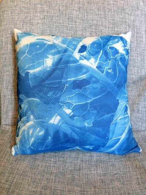 Handprinted Blue Pillow - Cyanotype With Velvet & Abstract Motive - image 1
